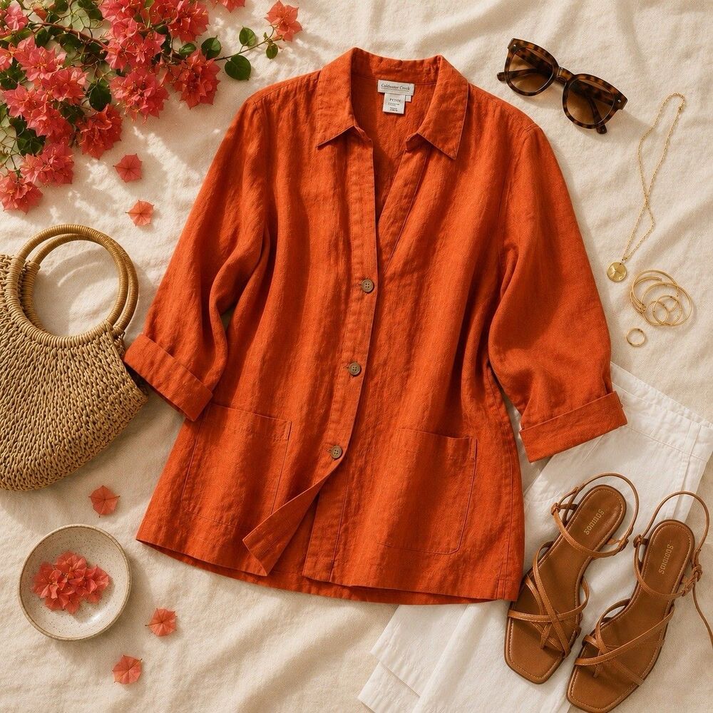 Coldwater Creek Orange Linen Blend Tunic Jacket Lagenlook Coastal Art Teacher PL